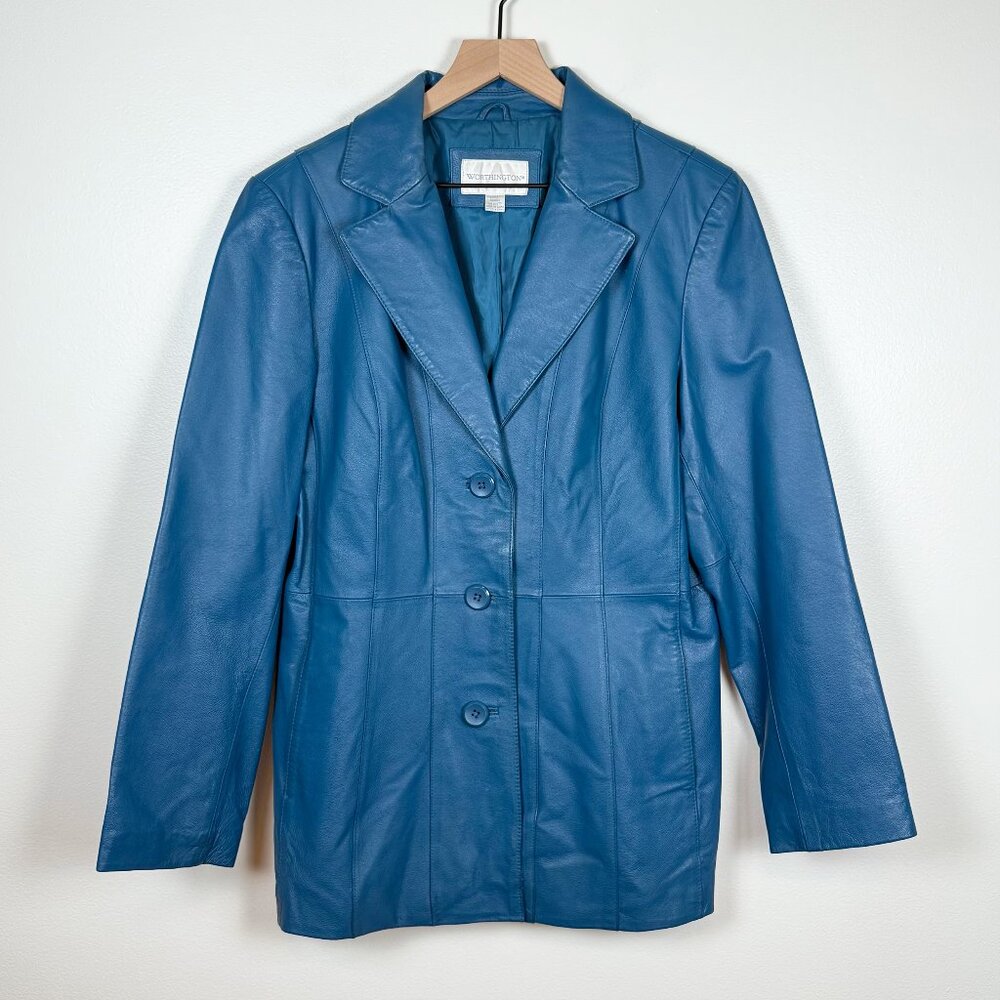 Worthington Teal Blue Genuine Leather Blazer Jacket Size L